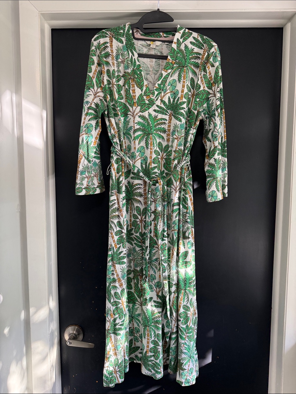 Boden Green and White Tropical Palm Wrap Maxi Dress